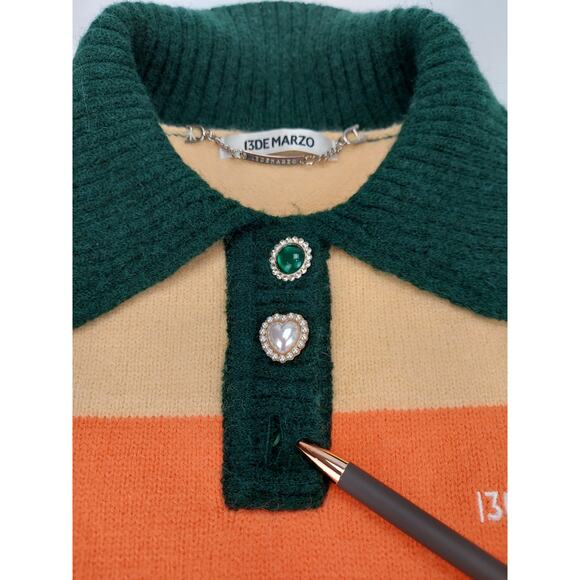 13De Marzo Polo Striped Teddy Bear Sweater Embroidered Orange Green Oversized M - Picture 5 of 10